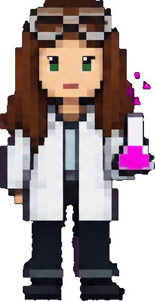 Bichette en pixel art, blouse de labo et fiole rose